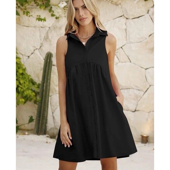 NWT Collared Shirt Dress Sz S Casual Loose Button Down Mini V Neck Tunic Pockets - Picture 11 of 16